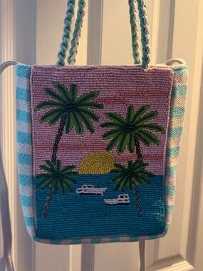 Beaded Palm Sunset Tote Bag - Pink & Teal